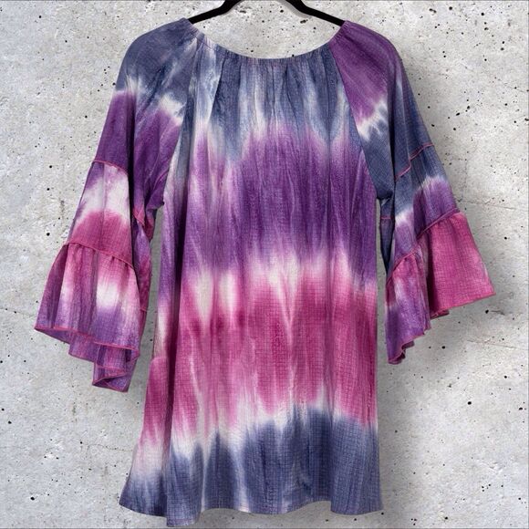 Calessa Tie Dye Tunic Large Purple Blue Pink Floral Embroidered 3/4 Tier Sleeve - Picture 3 of 8